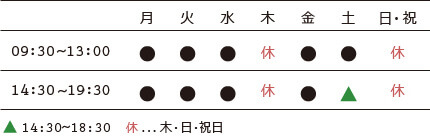 診療時間 9:30~13:30/14:30~19:30 休:木・祝日